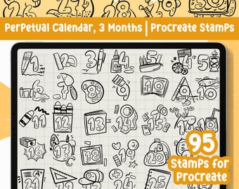 Perpetual Calendar Procreate Stamps: School Planner Brushes (95 Digital Stamps)