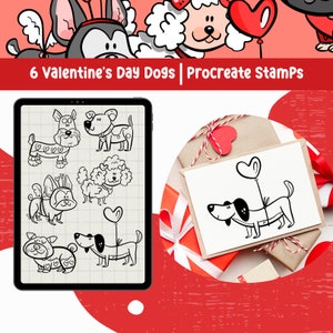 Puede incluir: Una ilustración digital de seis perros de San Valentín sobre un fondo blanco. Los perros están dibujados en blanco y negro y presentan corazones y otros detalles temáticos de San Valentín. El texto "6 Valentine's Day Dogs | Procreate Stamps" está en la parte superior de la imagen.