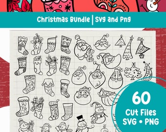 Op de afbeelding: Een set van 60 zwart-witte kerstthema SVG- en PNG-snijbestanden. De afbeeldingen omvatten de kerstman, sneeuwpoppen, kerstboom en kousen.