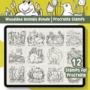 May include: A set of 12 black and white digital stamps for Procreate featuring woodland animals. The stamps include a snail, a pig, a fox, a hedgehog, a mouse, a bear, a deer, a bird, a frog, a rabbit, and a bird. The stamps are perfect for adding a touch of nature to your digital art.
