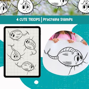 Puede incluir: Cuatro ilustraciones en blanco y negro de triops lindos, un tipo de crustáceo, sobre un fondo blanco. El texto "4 CUTE TRIOPS | Procreate Stamps" está en la parte superior de la imagen.