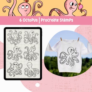 May include: Six black and white line art octopus illustrations on a white background with a grid pattern. The octopus illustrations are in various poses, including holding an ice cream cone and wearing a party hat.