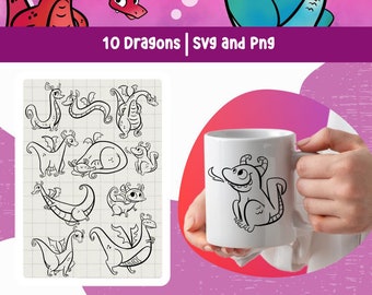 Cute Dragons Clipart for Kids Dragon Lineart for Coloring Page & Kids Activity Dragon SVG File for Cricut Dragon PNG Hand-Drawn Dragon Set