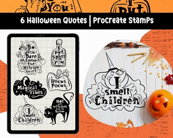 May include: Six black and white Halloween-themed digital stamps for use in Procreate. The stamps feature various spooky sayings, including "Do you dare enter the witches lair?", "I smell children", "Magical vibes", "Hocus Pocus", "I put a spell on you", and "Not all witches live in Salem".