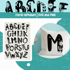 Alfabeto floral svg alfabeto de letras manuscritas svg doodle alfabeto alfabeto svg paquete letras de flores svg para monograma de guardería svg