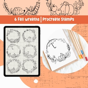 Könnte beinhalten: Sechs digitale Stempel in Schwarzweiß mit Herbstkränzen mit verschiedenen herbstlichen Elementen, darunter Kürbisse, Blätter, Eicheln, Regenschirme und ein Igel. Der Text "6 Fall wreaths | Procreate Stamps" wird über den Stempeln angezeigt.