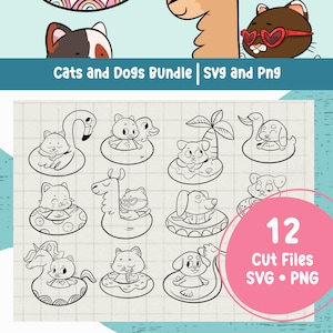 Könnte beinhalten: Ein Set mit 12 Schwarzweiß-Linienzeichnungen von Katzen und Hunden, die Sommeraktivitäten genießen. Die Illustrationen zeigen Tiere auf aufblasbaren Flößen, reitend auf einem Lama und entspannend am Strand. Der Text "12 Cut Files SVG - PNG" wird in einem rosa Kreis angezeigt.