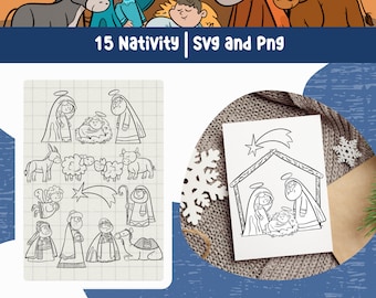 May include: A black and white illustration of a nativity scene with Mary, Joseph, and baby Jesus in a manger. There are also a donkey, a cow, a sheep, a star, and a shepherd.