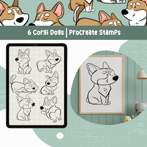 May include: A set of six black and white line art illustrations of Corgi dogs in various poses. The illustrations are on a white background with a grid pattern. The text "6 Corgi Dogs | Procreate Stamps" is at the top of the image.