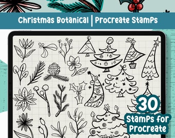 May include: A digital illustration of 30 black and white Christmas-themed stamps for Procreate. The stamps include various botanical elements like holly, pine branches, and flowers, as well as different styles of Christmas trees.