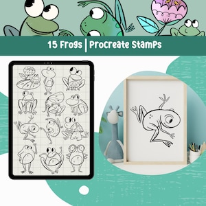 May include: A digital art set featuring 15 frog illustrations in various poses and styles. The image includes a tablet displaying the frog stamps, a framed frog drawing, and the text "15 Frogs | Procreate Stamps". The frogs are drawn in black and white.