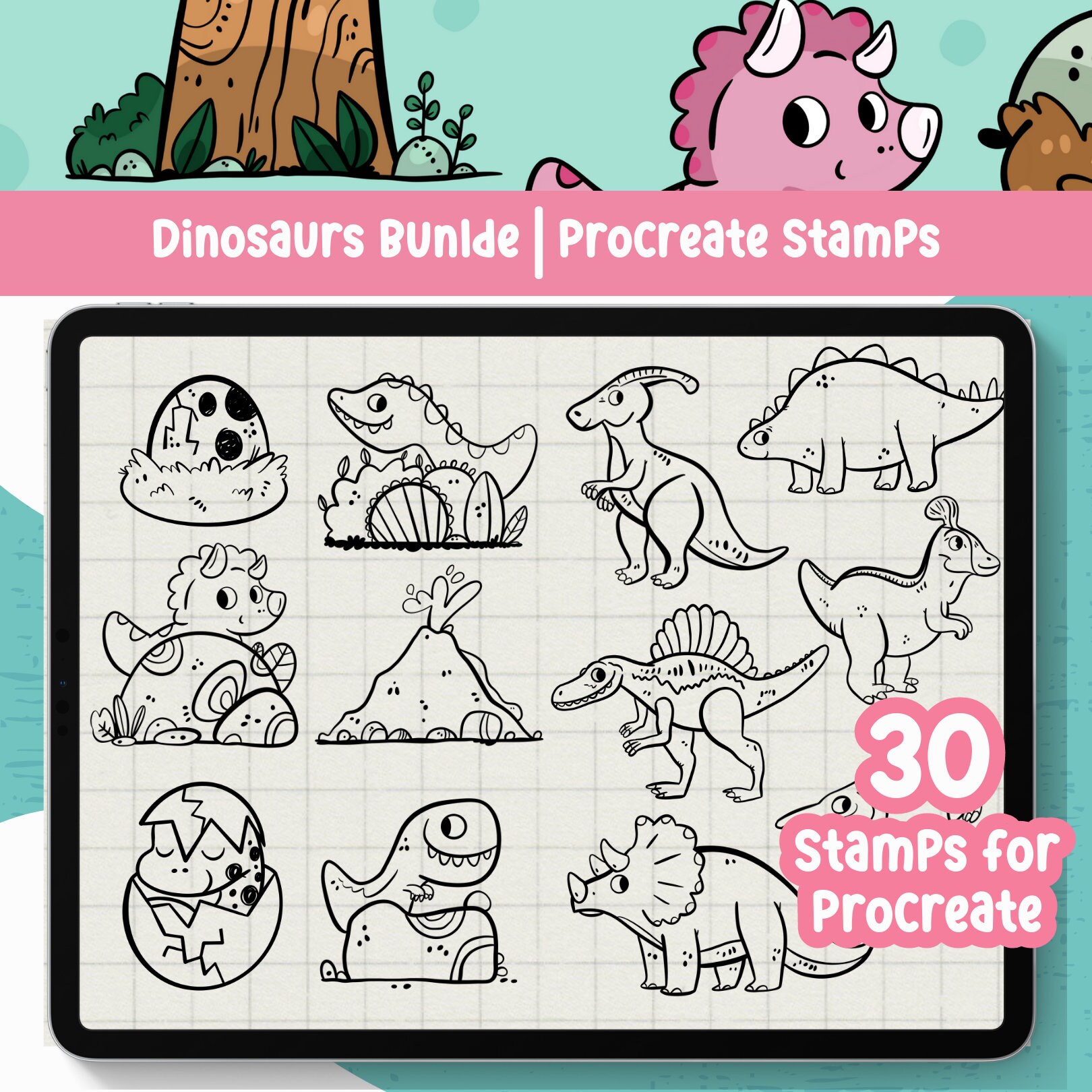 Procreate Stamp Dinosaur Procreate Bundle Procreate Brush Dino Clipart ...