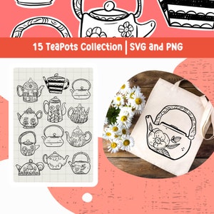Könnte beinhalten: Ein Blatt Papier mit einem Raster zeigt 15 Schwarzweiß-Illustrationen von Teekannen. Die Teekannen haben verschiedene Formen und Designs, darunter Blumenmuster und geometrische Formen. Der Text "15 TeaPots Collection | SVG and PNG" befindet sich oben auf dem Blatt.