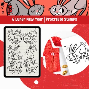 Può includere: Sei illustrazioni in bianco e nero di conigli in linea con diverse pose e dettagli, come stelle, fiori e lanterne. Le illustrazioni sono visualizzate sullo schermo di un tablet digitale con uno sfondo bianco. Il testo "6 Lunar New Year | Procreate Stamps" è visualizzato sopra il tablet.