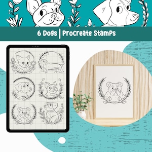 Puede incluir: Arte digital que presenta seis ilustraciones de perros en coronas, exhibidas en una tableta y una impresión enmarcada. El texto "6 Dogs | Procreate Stamps" es visible. Las ilustraciones son dibujos lineales en blanco y negro de varias razas de perros.
