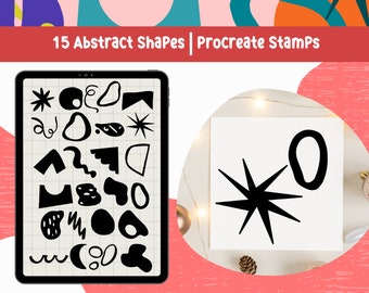 Puede incluir: Una pantalla de tableta digital que muestra 15 formas abstractas negras sobre un fondo blanco. El texto "15 Abstract Shapes | Procreate Stamps" está en la parte superior de la pantalla. La tableta está sobre un fondo rosa y blanco.