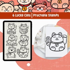 May include: A digital sheet featuring six black and white line art illustrations of lucky cats. The illustrations depict the cats in various poses, including sitting, standing, and waving. The text "6 Lucky Cats | Procreate Stamps" is at the top of the sheet.