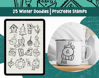 May include: A digital tablet screen displaying 25 black and white winter doodle illustrations. The doodles include a snowman, a Christmas tree, a gift, a candle, a wreath, a house, a stocking, a boot, a cup of hot chocolate, and a bear wearing a hat and scarf. The text "25 Winter Doodles | Procreate Stamps" is displayed at the top of the screen.
