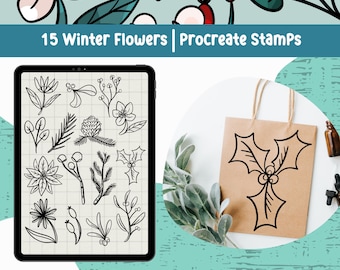 May include: A digital tablet screen displaying 15 black and white illustrations of winter flowers and foliage. The tablet is on a blue and white wooden surface. The text "15 Winter Flowers | Procreate Stamps" is at the top of the image.