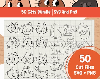Cute Cat SVG Bundle: 50 Doodle Cat Clipart Designs (Digital Download)