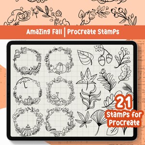 May include: A digital illustration of 21 black and white fall-themed stamps for Procreate. The stamps include wreaths, leaves, acorns, mushrooms, and other fall elements. The text "21 Stamps for Procreate" is in the bottom right corner of the image.