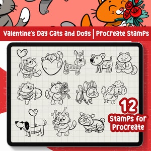 Valentine&#39;s Day Procreate Stamp Cute Animal Cat & Dog Digital Stamp Procreate Set Romantic Procreate Brushes for Valentine Day Love Clipart