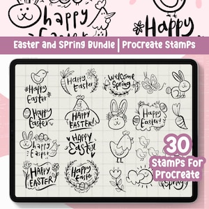 Könnte beinhalten: Ein Set mit 30 Schwarzweiß-Stempeln für Procreate mit Ostern- und Frühlingsmotiven. Die Stempel beinhalten Hasen, Küken, Eier, Blumen, Karotten und Text, der "Frohe Ostern" und "Willkommen Frühling" sagt.