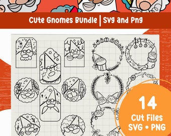 May include: A set of 14 black and white digital cut files featuring cute gnomes in various poses and designs. The files are perfect for creating festive crafts, decorations, and personalized gifts.  The text "Cute Gnomes Bundle | SVG and PNG" and "14 Cut Files SVG • PNG" are included in the image.