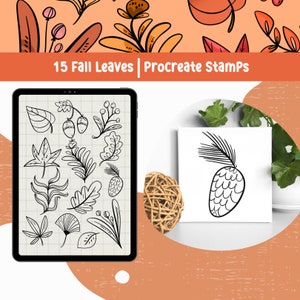 以下が含まれることがあります： Procreateスタンプとして使用できる、秋の葉とドングリ15個のデジタルイラスト。葉は白い背景に黒いインクで描かれています。画像はタブレットの画面に表示されています。