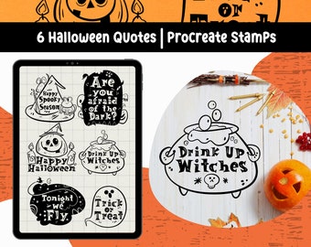 May include: Digital art featuring six Halloween-themed quotes and Procreate stamps. The quotes include phrases like "Happy Halloween" and "Drink Up Witches," displayed in a black and white design. A carved pumpkin and witch's cauldron are also shown.