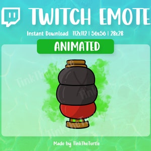 May include: Animated Twitch emote of a red and black lantern with a brown top and a green cloud behind it. The text "ANIMATED" is displayed in a green box above the lantern. The text "Made by TinkTheTurtle" is displayed below the lantern.