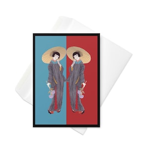 Geisha Zwillinge Grußkarte-personalisierte Option-Vintage Style-Feminine Wand Kunst-besonderer Anlass-Geburtstag-Asiatische Grußkarte-Feier