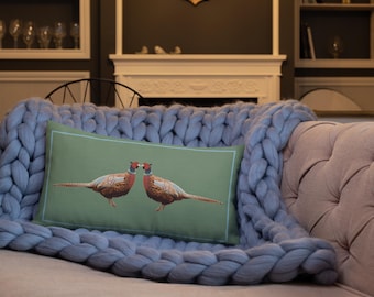 Pheasant lumbar cushion green and blue country accent style ideal gift for any occasion and for her and him luxury home decor
