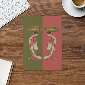Cartão de felicitações Geisha Art - vibrações vintage - cartão para ela - cartão de presente personalizado - aniversário - ocasião - verde e rosa - design exclusivo - presente de papel - asiático