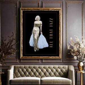 May include: A black and white poster with a woman in a gold dress and a blue feather boa. The text "ALL THAT JAZZ" is written in gold letters on the right side of the poster.