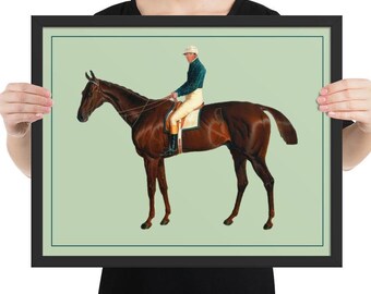 馬と騎手の額入りプリント - 壁掛け - スポーツウォールアート - 彼への馬のギフト - ファームハウススタイル - 乗馬装飾 - 競馬プリント - グリーンアート