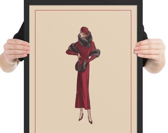 女性らしいウォールアート - 額入り - 女性らしいアート - 1930年代のアート - 華やかな女性 - ヴィンテージアート - リビングルーム - 高級プリント - 新築祝いのギフト - 赤とクリーム色のプリント - 16x20 フレーム