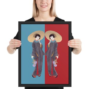 Póster enmarcado de geisha, arte de pared, decoración del hogar, tapiz, arte enmarcado, regalo único, arte japonés, impresión elegante, decoración oriental, impresión azul y roja.