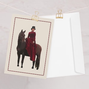 Tarjeta de felicitación "Dama con silla de montar roja" - Tarjeta con temática ecuestre - Tarjeta de felicitación elegante - Tarjeta para ella - Arte ecuestre - Ocasión especial - Tarjeta para amantes de los caballos