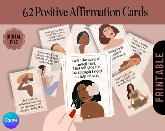 Boho Positive Affirmation Cards: 62 Printable Daily Cards (Canva Template)
