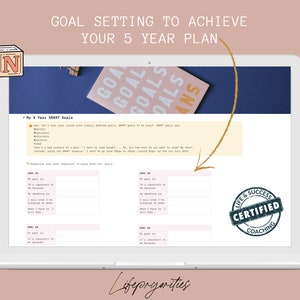 May include: A laptop computer screen displaying a goal setting worksheet with the text "My 5 Year SMART Goals". The worksheet is divided into sections for goal setting, with headings such as "Goal #1", "Goal #2", and "Goal #3". The worksheet also includes a section for "Life & Success Certified Coaching".