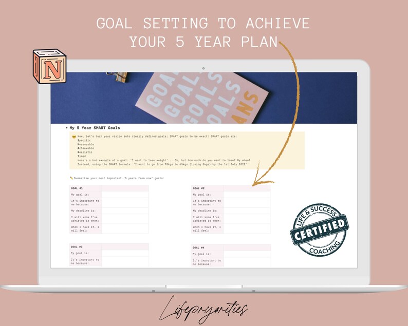 May include: A laptop computer screen displaying a goal setting worksheet with the text "My 5 Year SMART Goals". The worksheet is divided into sections for goal setting, with headings such as "Goal #1", "Goal #2", and "Goal #3". The worksheet also includes a section for "Life & Success Certified Coaching".