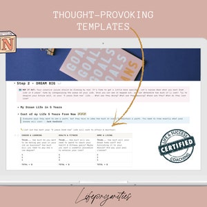 May include: A laptop screen displaying a worksheet titled "Thought-Provoking Templates" with a section titled "Dream Big" and a table titled "Cost of my Life 5 Years From Now". The worksheet is divided into three categories: Career & Learning, Health & Fitness, and Home & Living. The worksheet is designed to help users plan for their future.