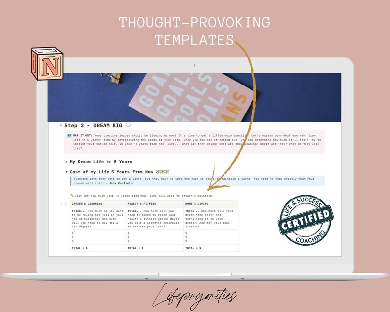 May include: A laptop screen displaying a worksheet titled "Thought-Provoking Templates" with a section titled "Dream Big" and a table titled "Cost of my Life 5 Years From Now". The worksheet is divided into three categories: Career & Learning, Health & Fitness, and Home & Living. The worksheet is designed to help users plan for their future.