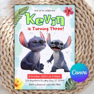 Invitation de point, point de modèle de toile réel, carte d'invitation 3D de point d'action en direct, carte d'invitation d'anniversaire Lilo et Stitch, carte modifiable