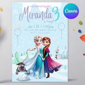 Modello modificabile per invito di compleanno di Elsa e Anna Frozen, biglietto di ringraziamento, invito principessa, download immediato, festa di compleanno digitale Canva