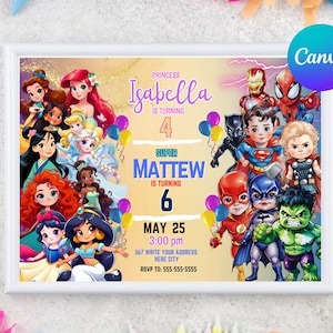 kleine prinses en superhelden verjaardagsuitnodiging sjabloon, bedankkaart, prinses Evite, instant download, digitaal verjaardagsfeestje canvas