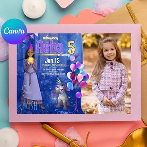 Wens verjaardagsuitnodiging, wens bewerkbare sjabloon, wens filmfeest voor print of tekst 7x5 -6x4 prinsessenfeest met bedankkaart.