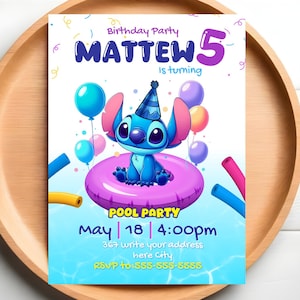 Stitch Pool Party Birthday Invitation for boy Editable Stitch, Pool Invitation Hawaii party birthday invitation girl