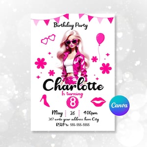 Pink doll birthday Invitation, Pink Doll Birthday Party, fashion doll Party, Digital Invite, Printable Template, Canva invitation, girl